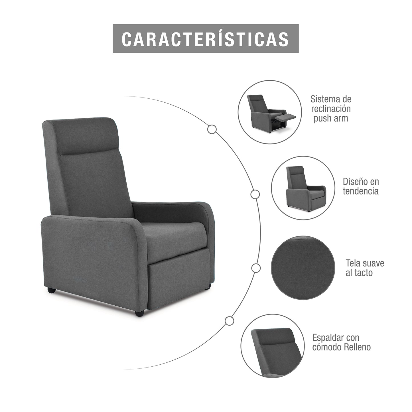 SILLA RECLINABLE PRAXIS MICROFIBRA GRIS OSCURO