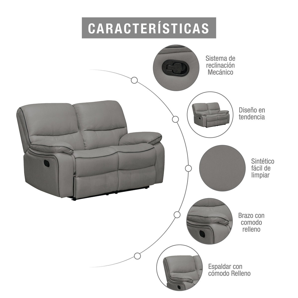 Sofá reclinable 2 puestos Star cuerotex Gris claro/plomo