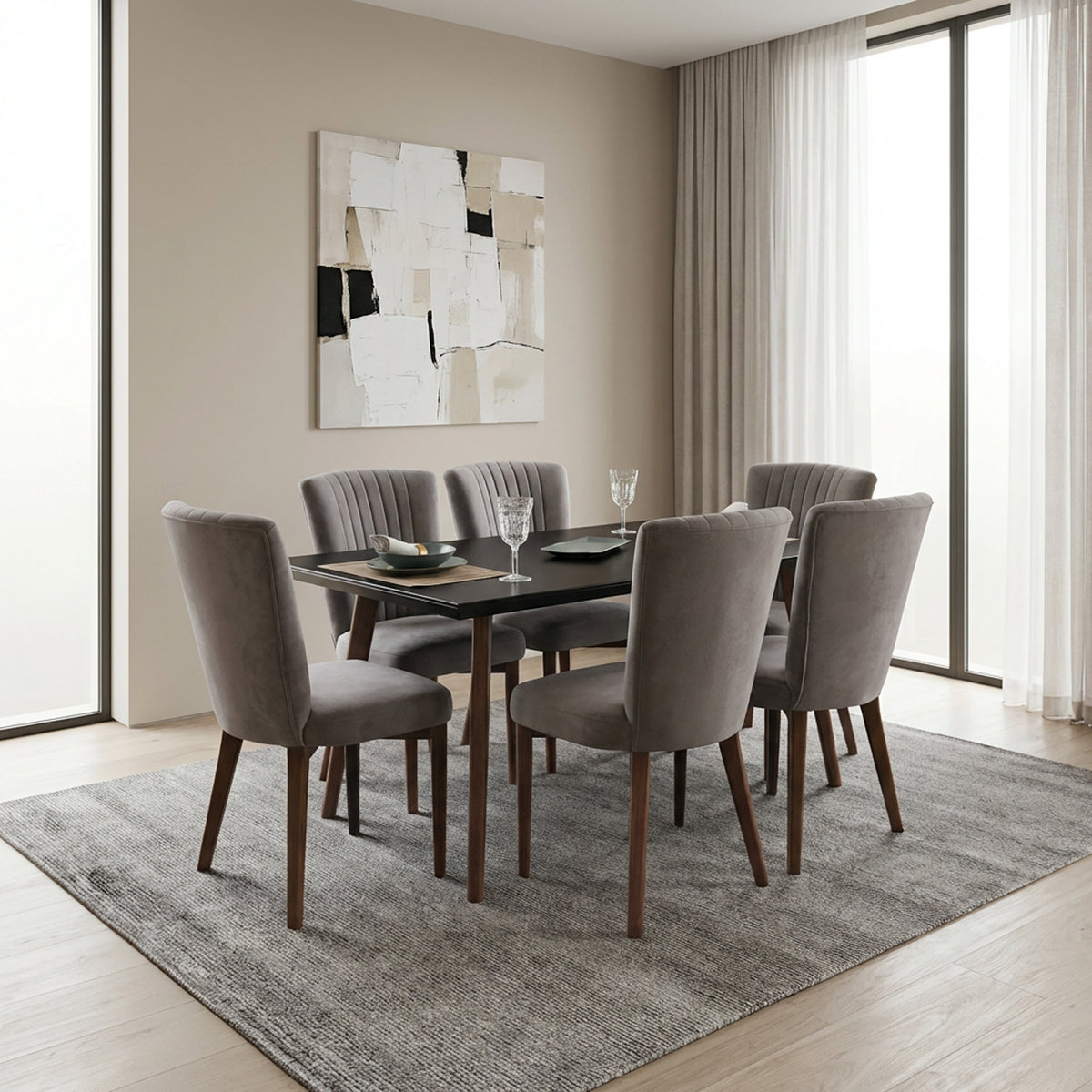 Comedor 6 puestos regina microfibra negro natural gris plomo