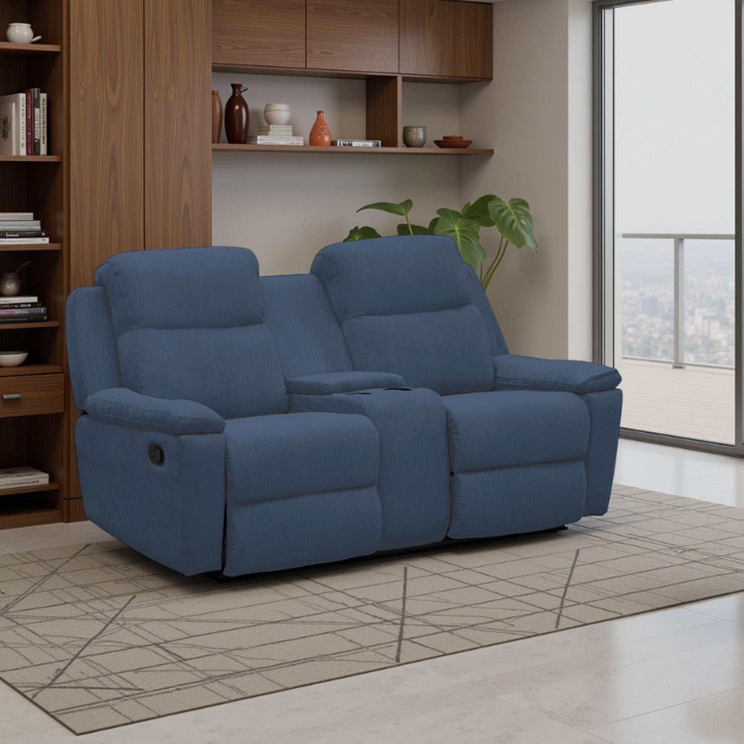 Sofá reclinable marsella 2 puestos con consola en microfibra azul