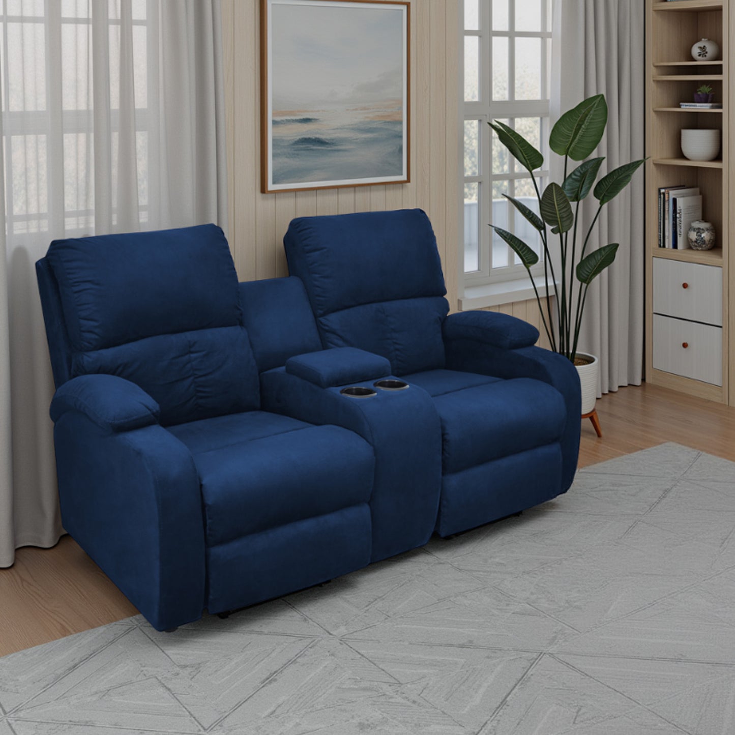 SOFA RECLINABLE AMBER  2P CONSOLA MICROFIBRA AZUL
