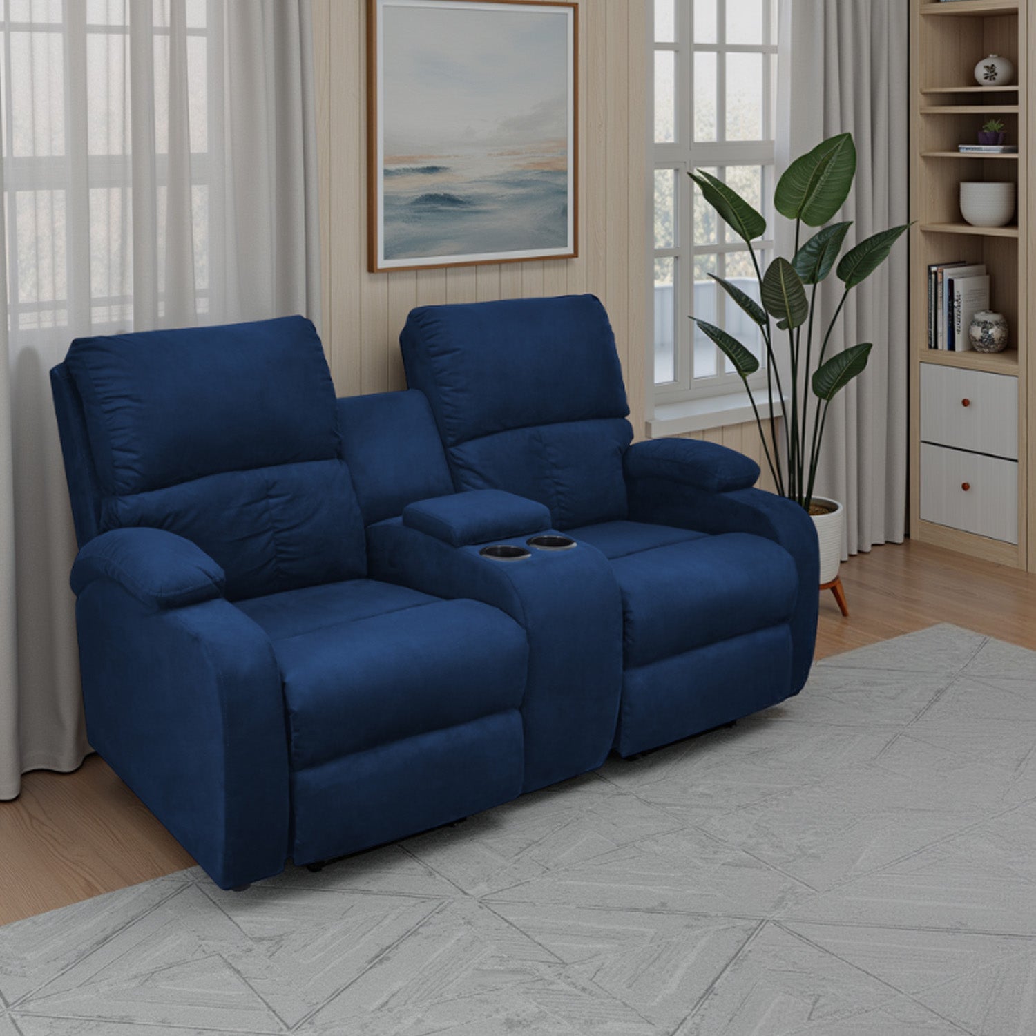Sofa reclinable amber 2p consola microfibra azul