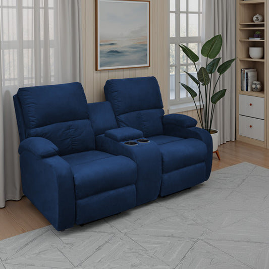 SOFA RECLINABLE AMBER  2P CONSOLA MICROFIBRA AZUL