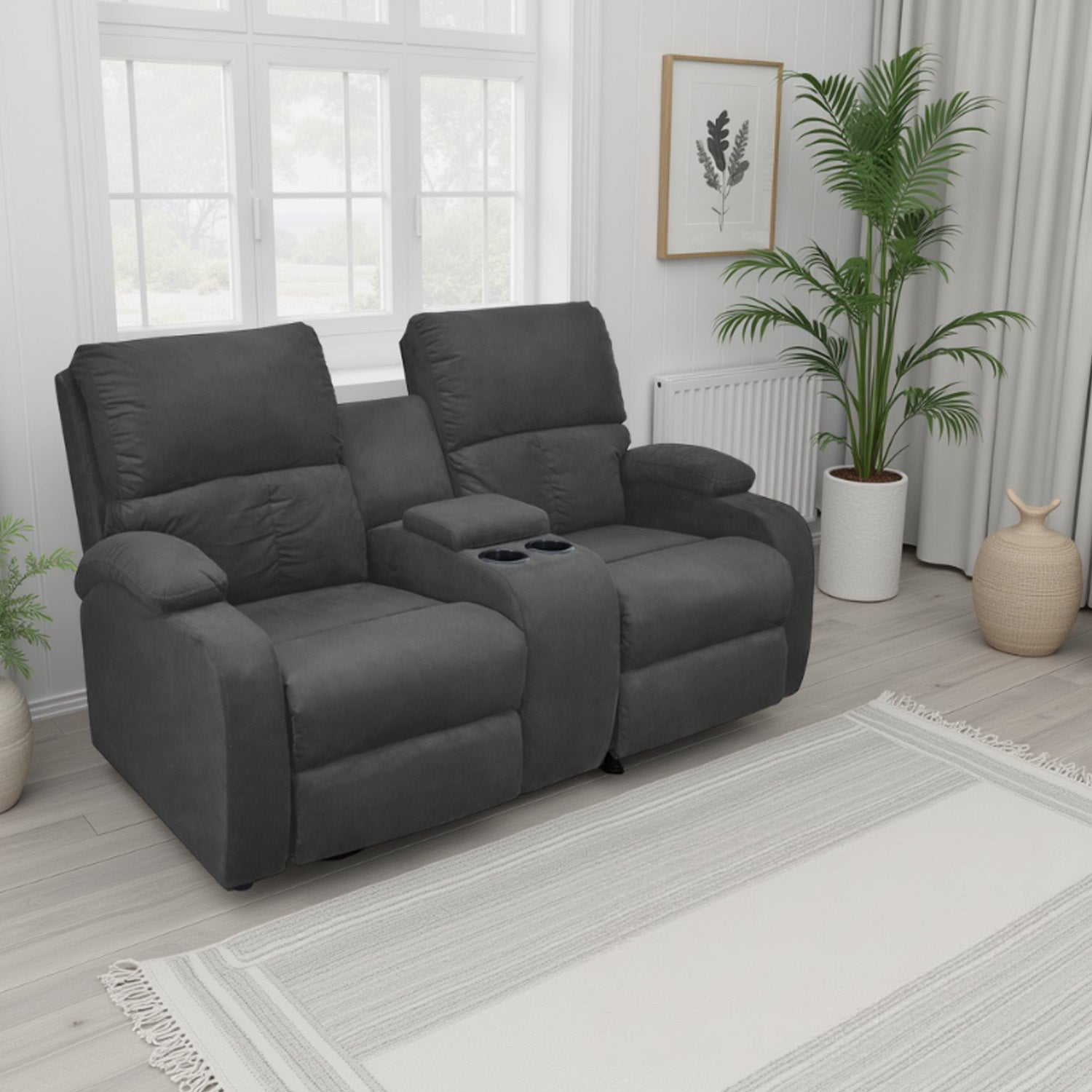 Sofa reclinable amber 2p consola microfibra gris plomo