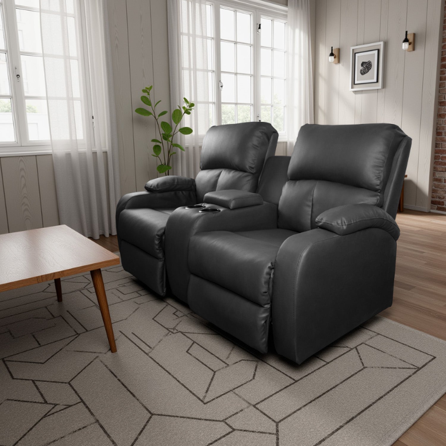 Sofa reclinable amber 2p consola sintetico negro