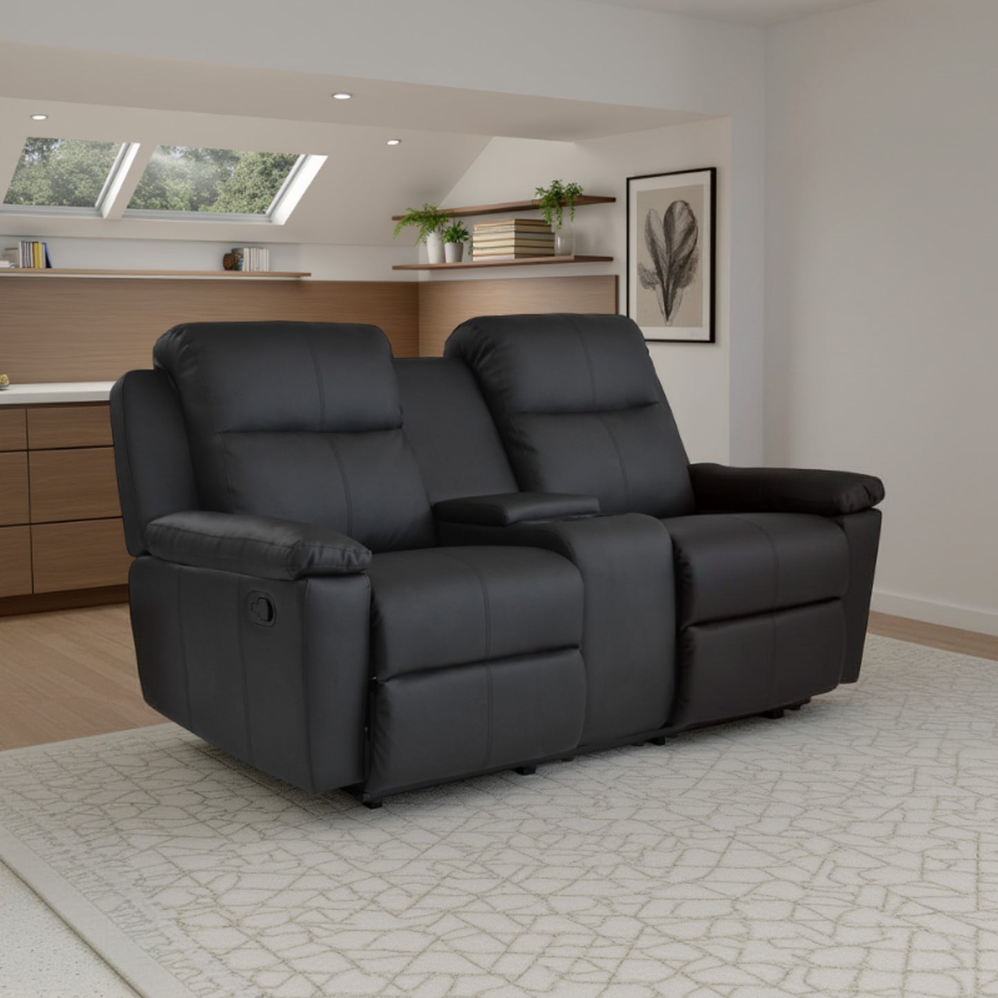 SOFÁ RECLINABLE CON CONSOLA MARSELLA 2 PUESTOS SINTETICO NEGRO