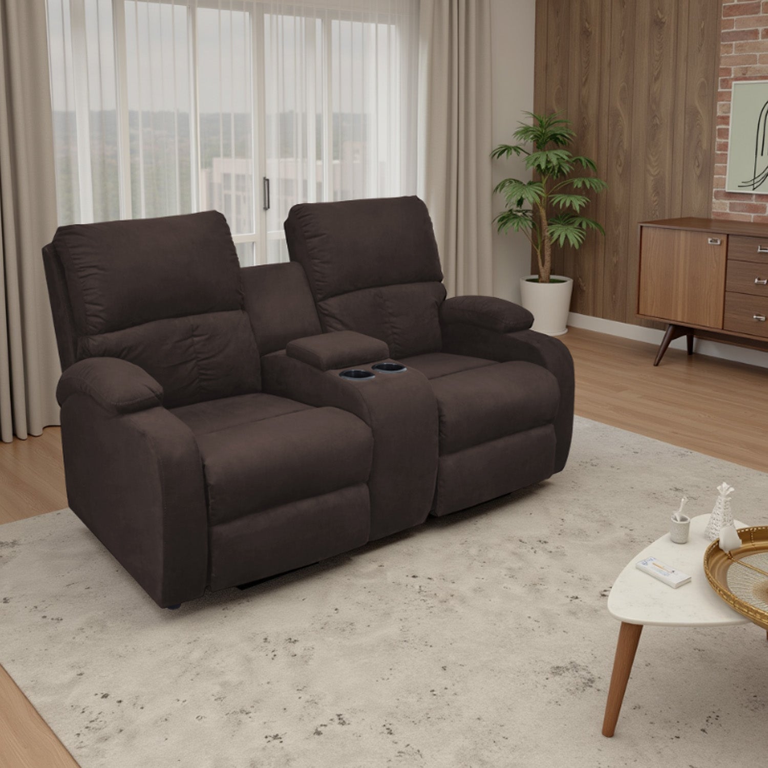 Sofa reclinable amber 2p consola microfibra chocolate