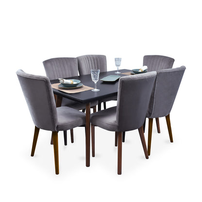 COMEDOR 6 PUESTOS REGINA MICROFIBRA NEGRO NATURAL GRIS PLOMO