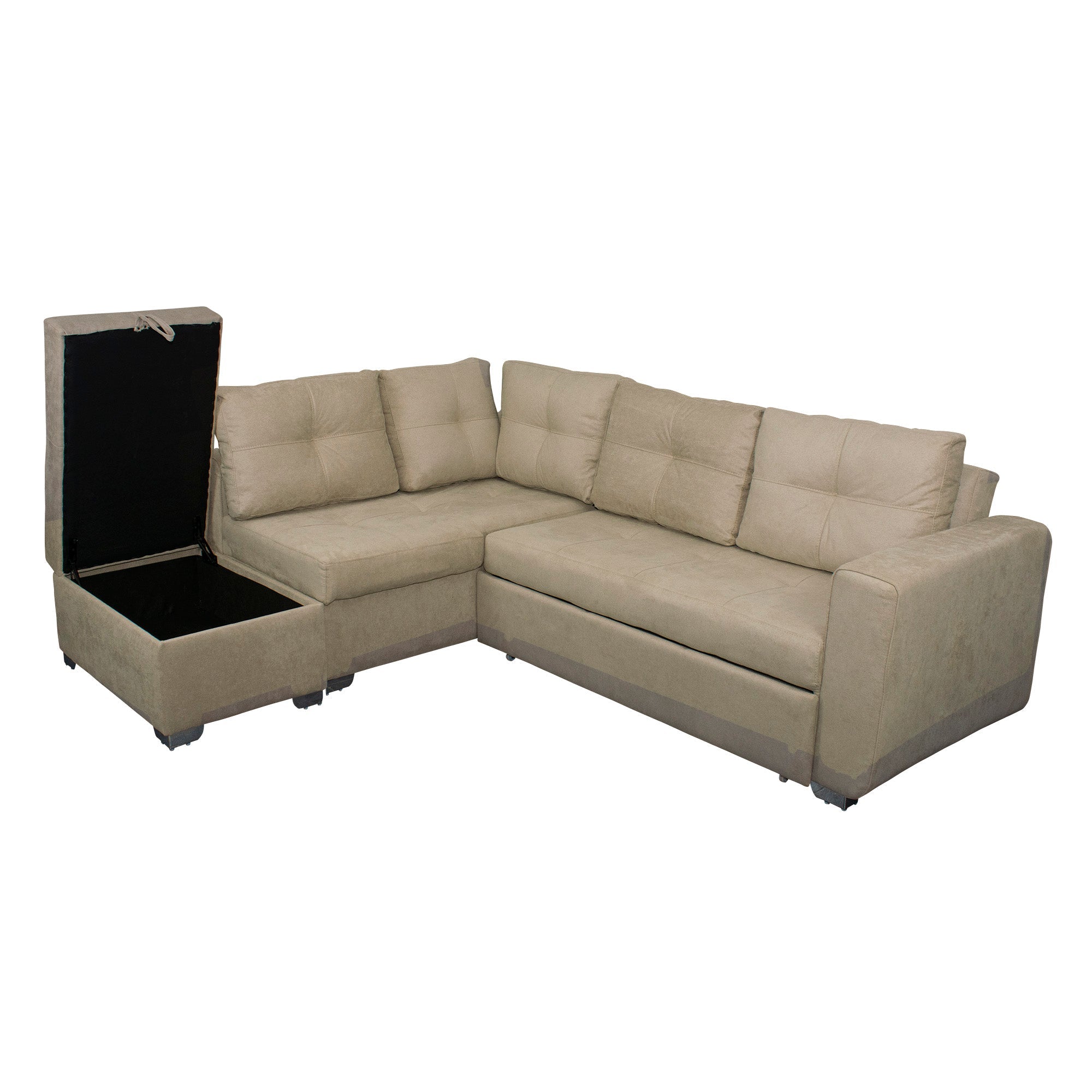 Sala rinconera prime con puff en microfibra camel