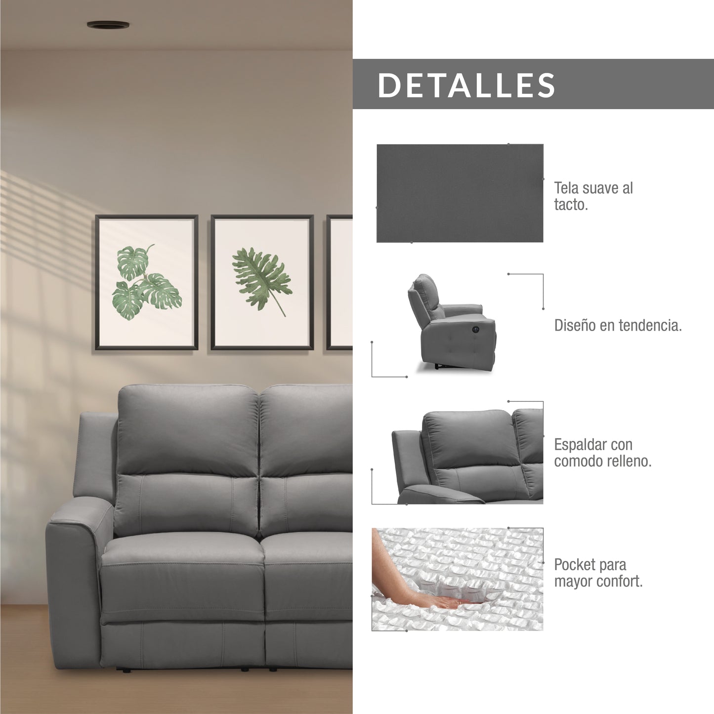 SILLA RECLINABLE 2 PUESTOS ELÉCTRICA DUKE TIPO CUERO  PLATA