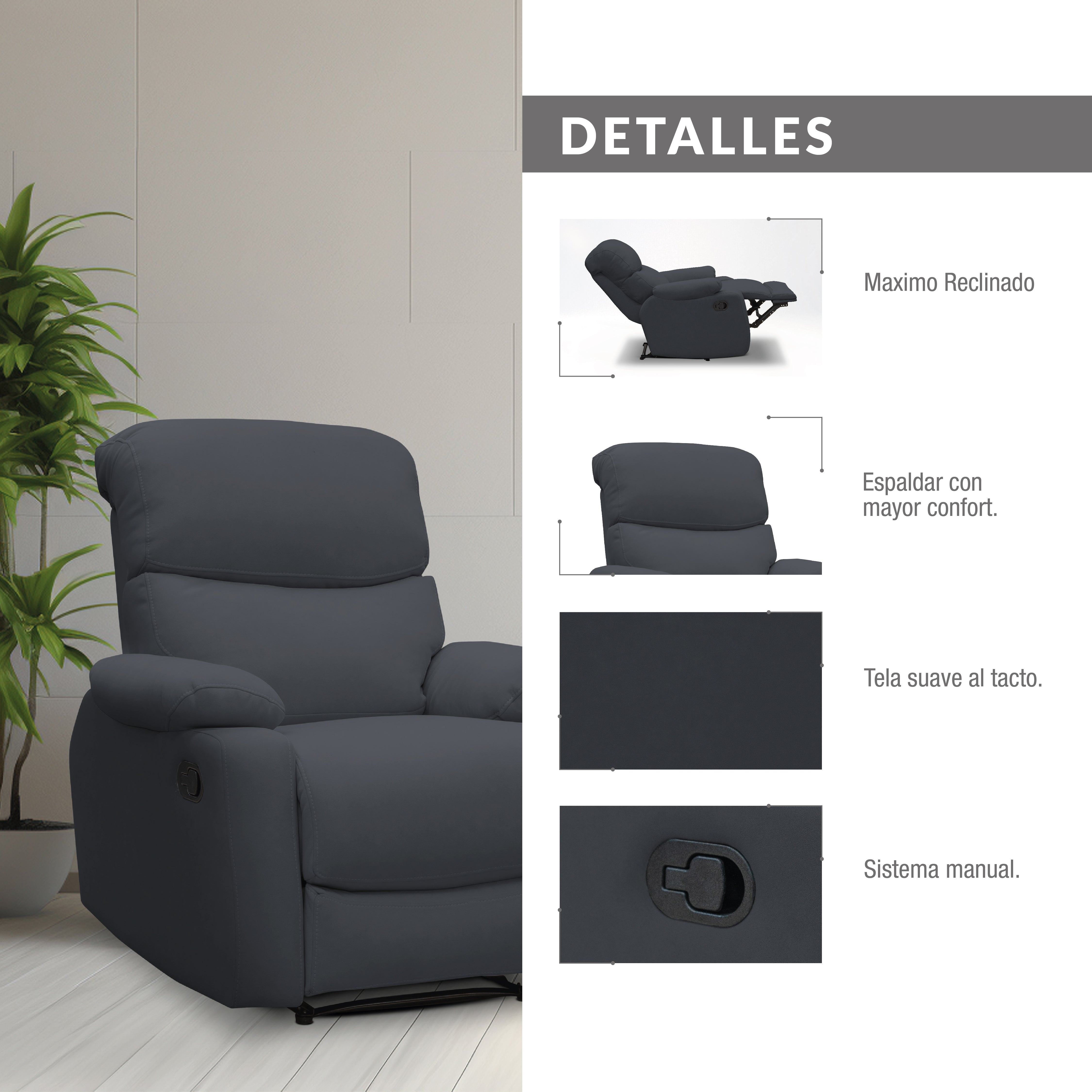 Silla reclinable velara 1 puesto microfibra gris plomo