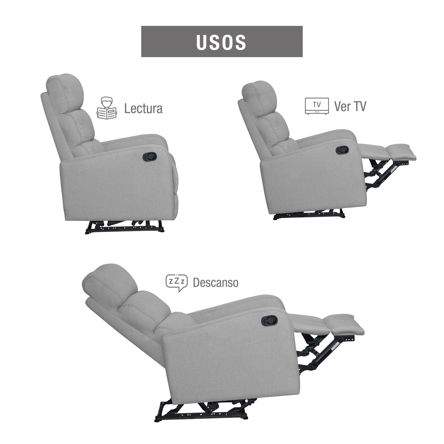 SILLA RECLINABLE ESTÁTICA PEKIN 1 PUESTO  MICROFIBRA  GRIS CLARO