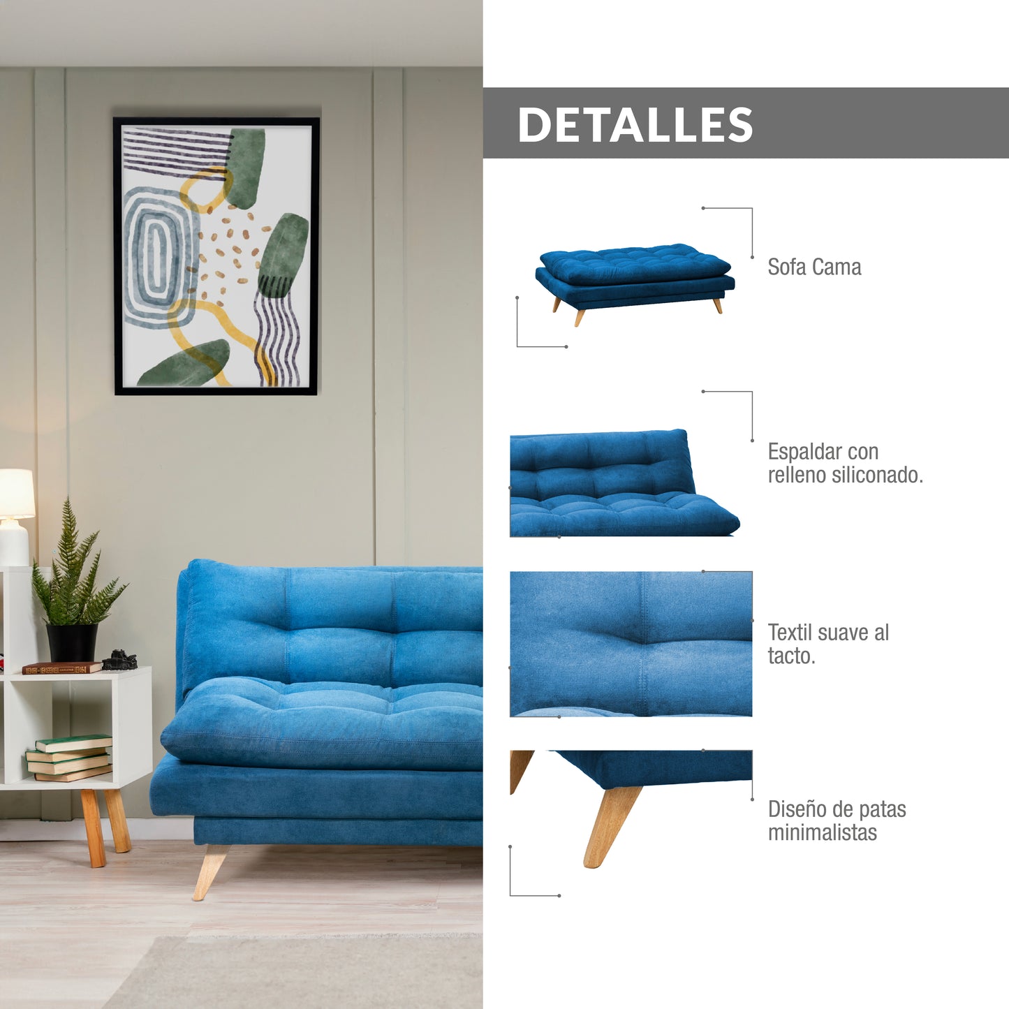 SOFA CAMA NANTES MICROFIBRA  AZUL
