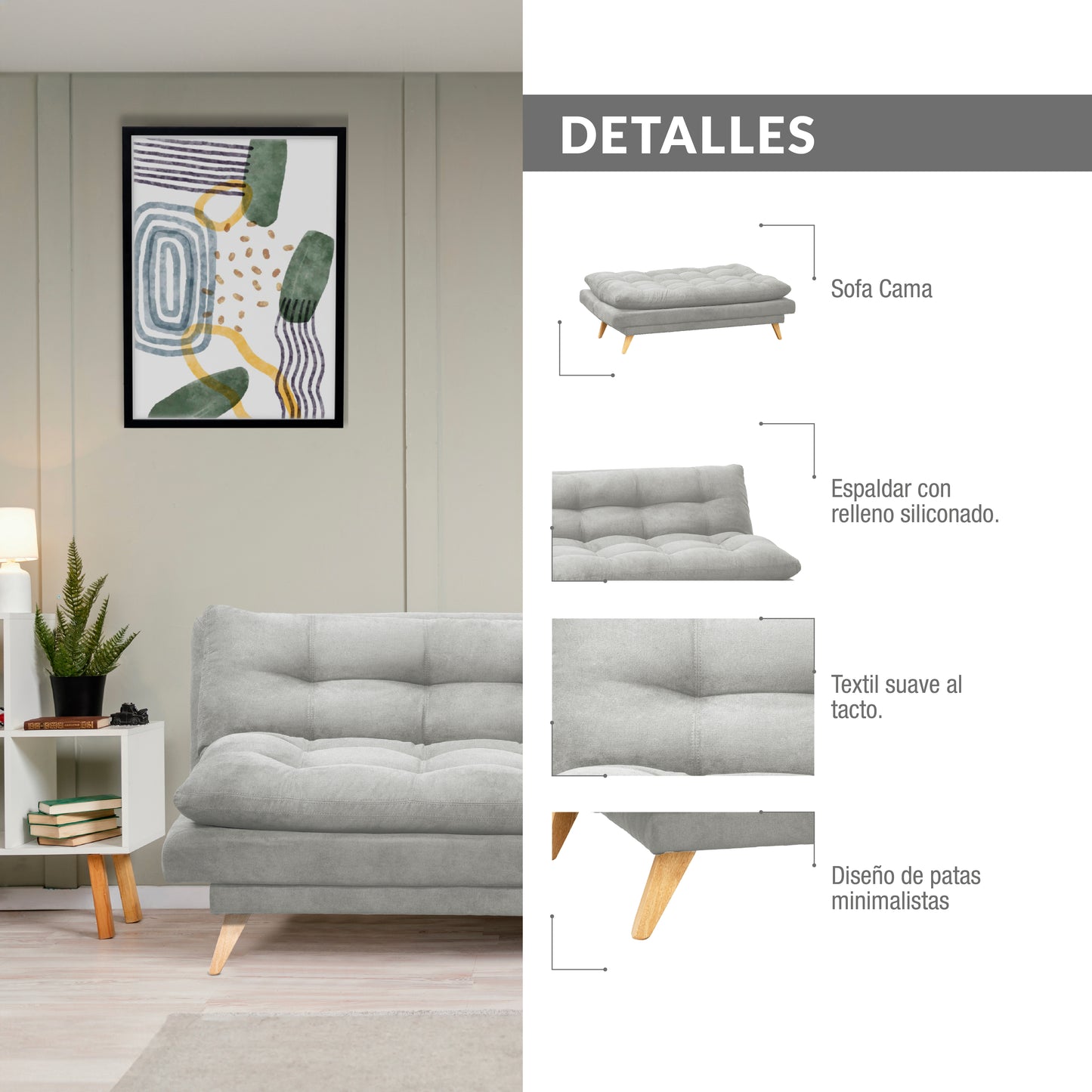 SOFA CAMA NANTES MICROFIBRA  PLATA