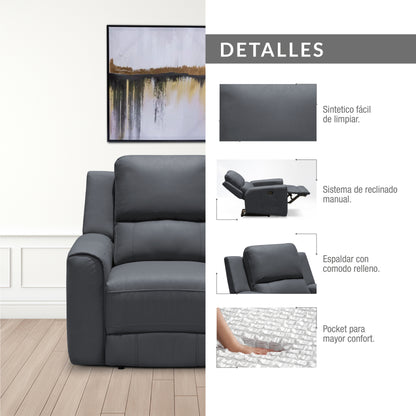 SILLA RECLINABLE MANUAL DUKE 1 PUESTO TIPO CUERO GRAFITO