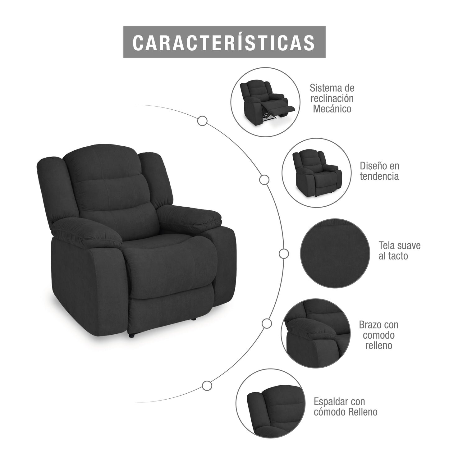 SILLA RECLINABLE GRAND ESTATICA 1 PUESTO MICROFIBRA  GRIS PLOMO