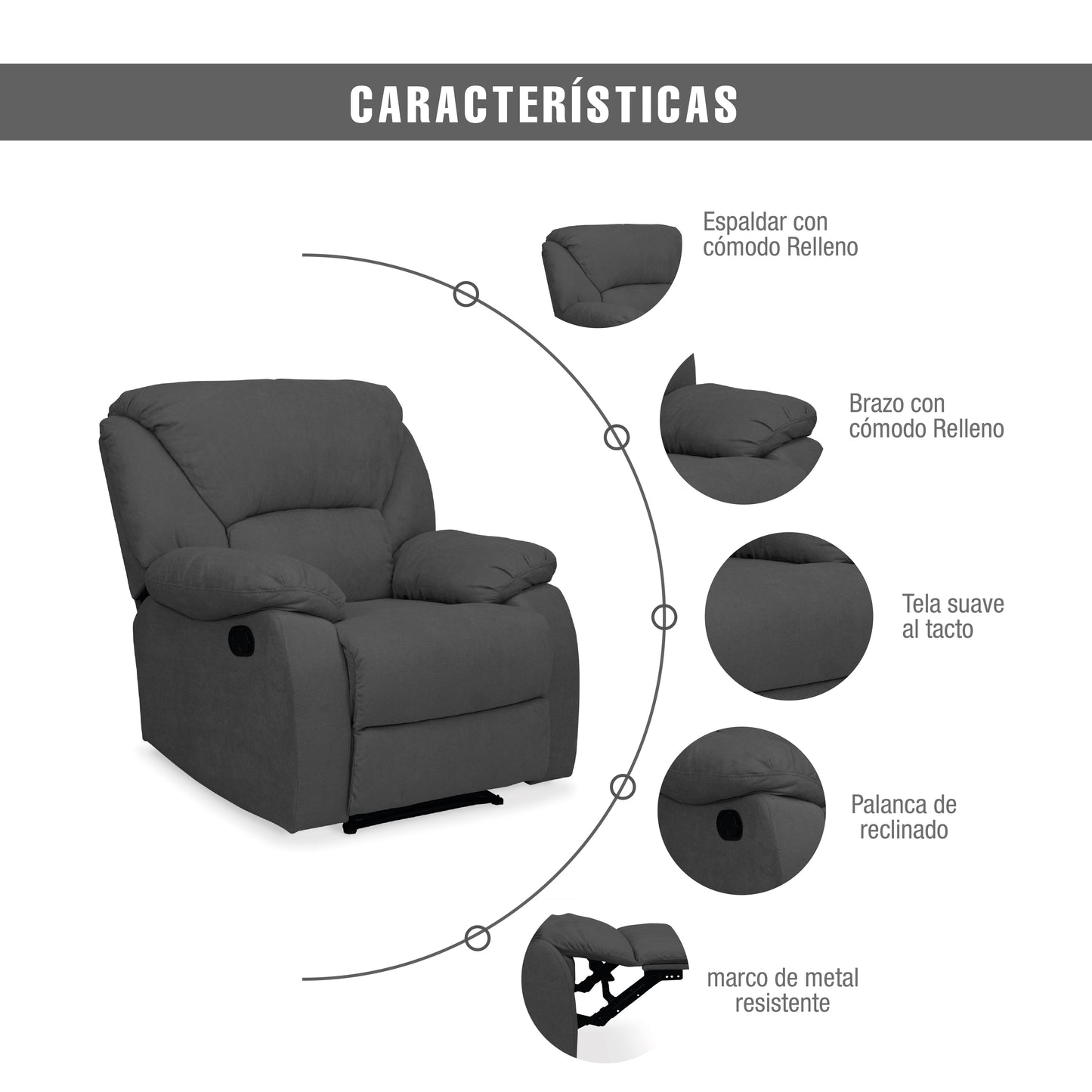 SILLA RECLINABLE OHIO ESTATICA MICROFIBRA GRIS PLOMO