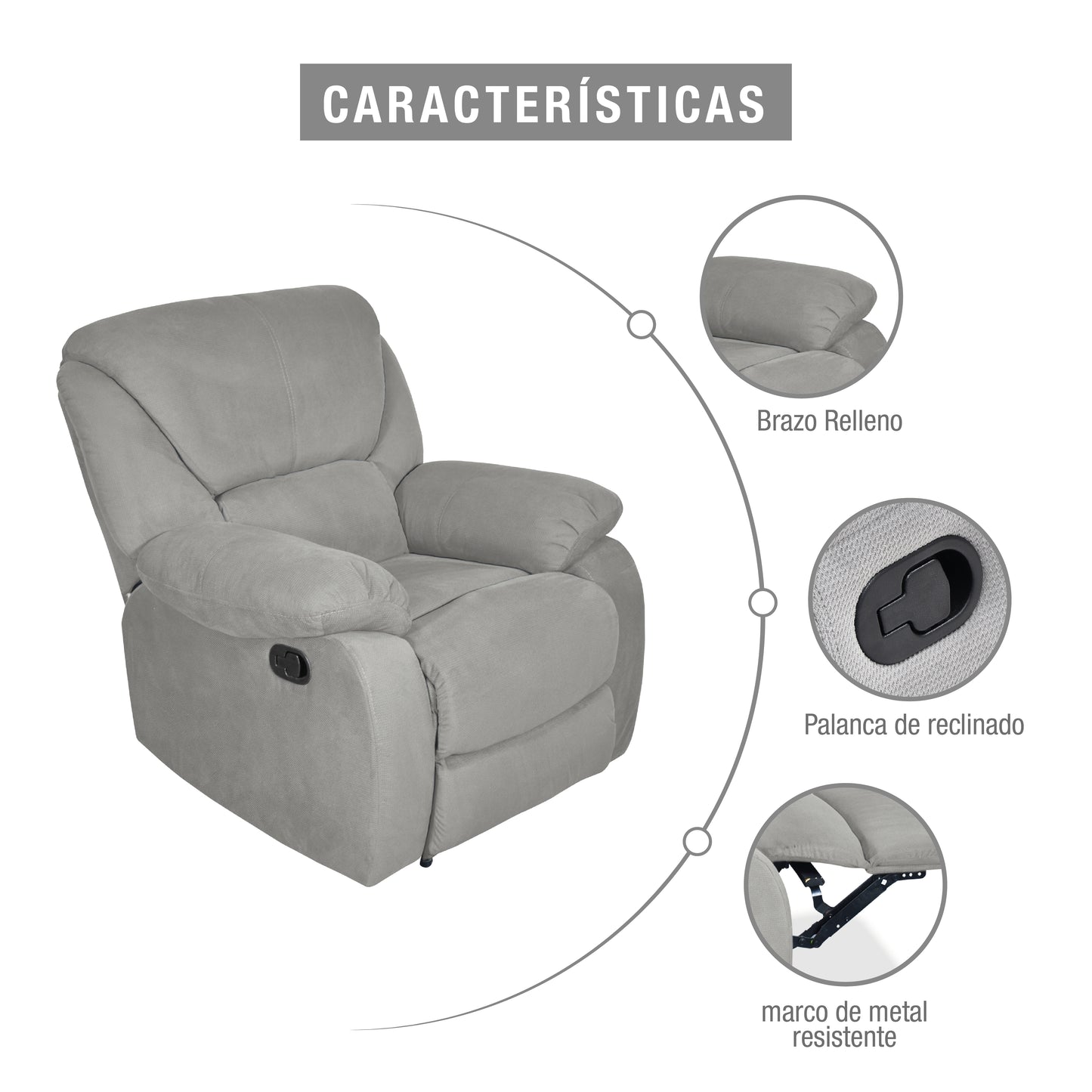 SILLA RECLINABLE OHIO ESTATICA MICROFIBRA PLATA