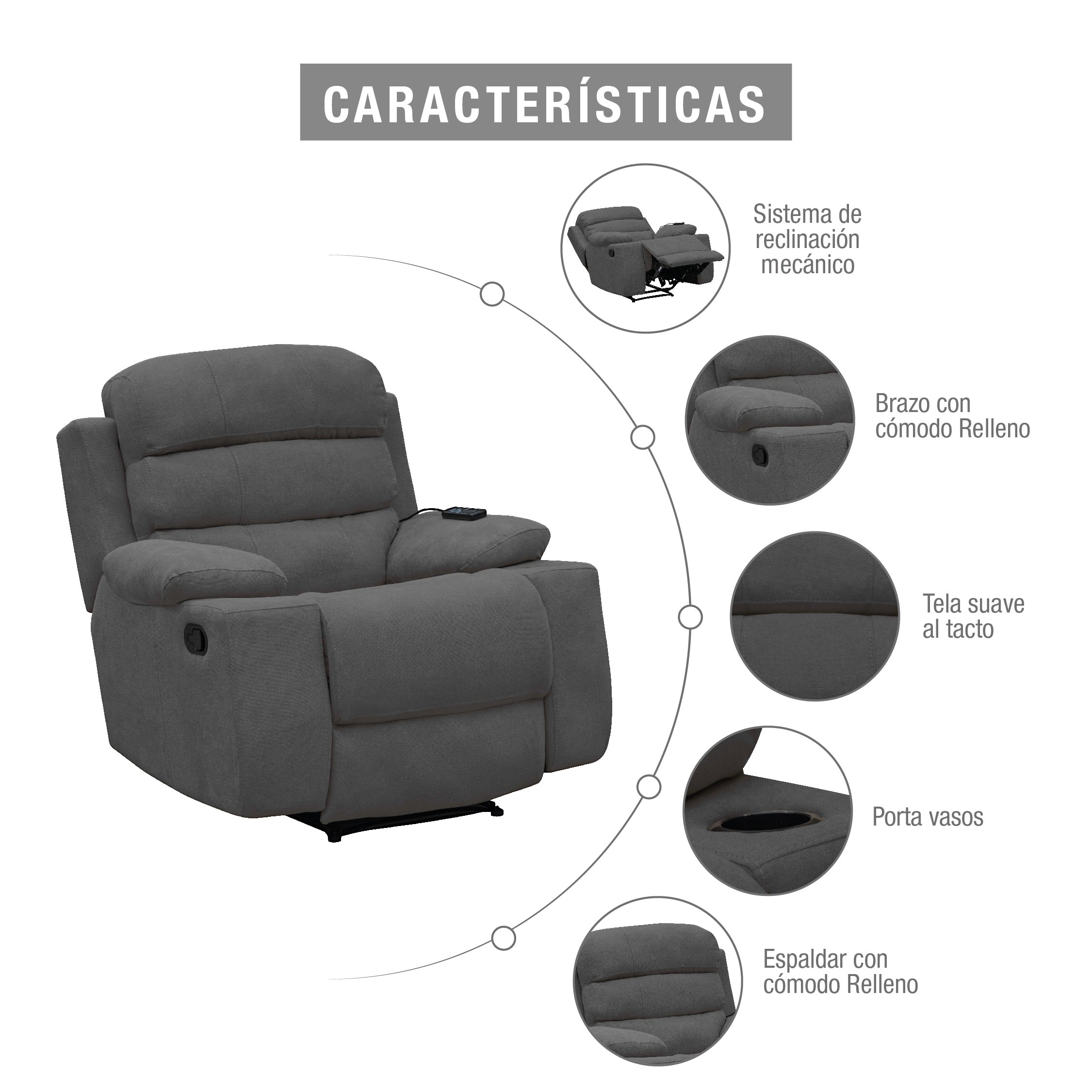 Silla reclinable estatica houston con masaje microfibra gris plomo