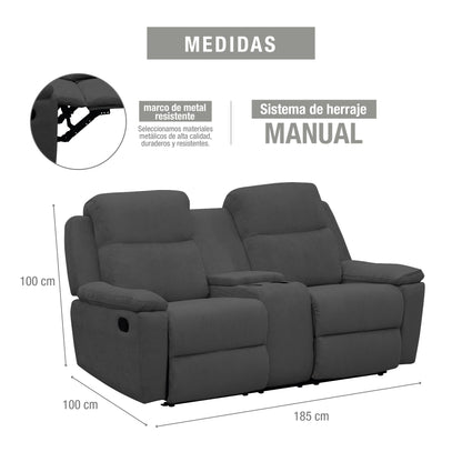 SOFA  RECLINABLE CON CONSOLA MARSELLA MICROFIBRA GRIS