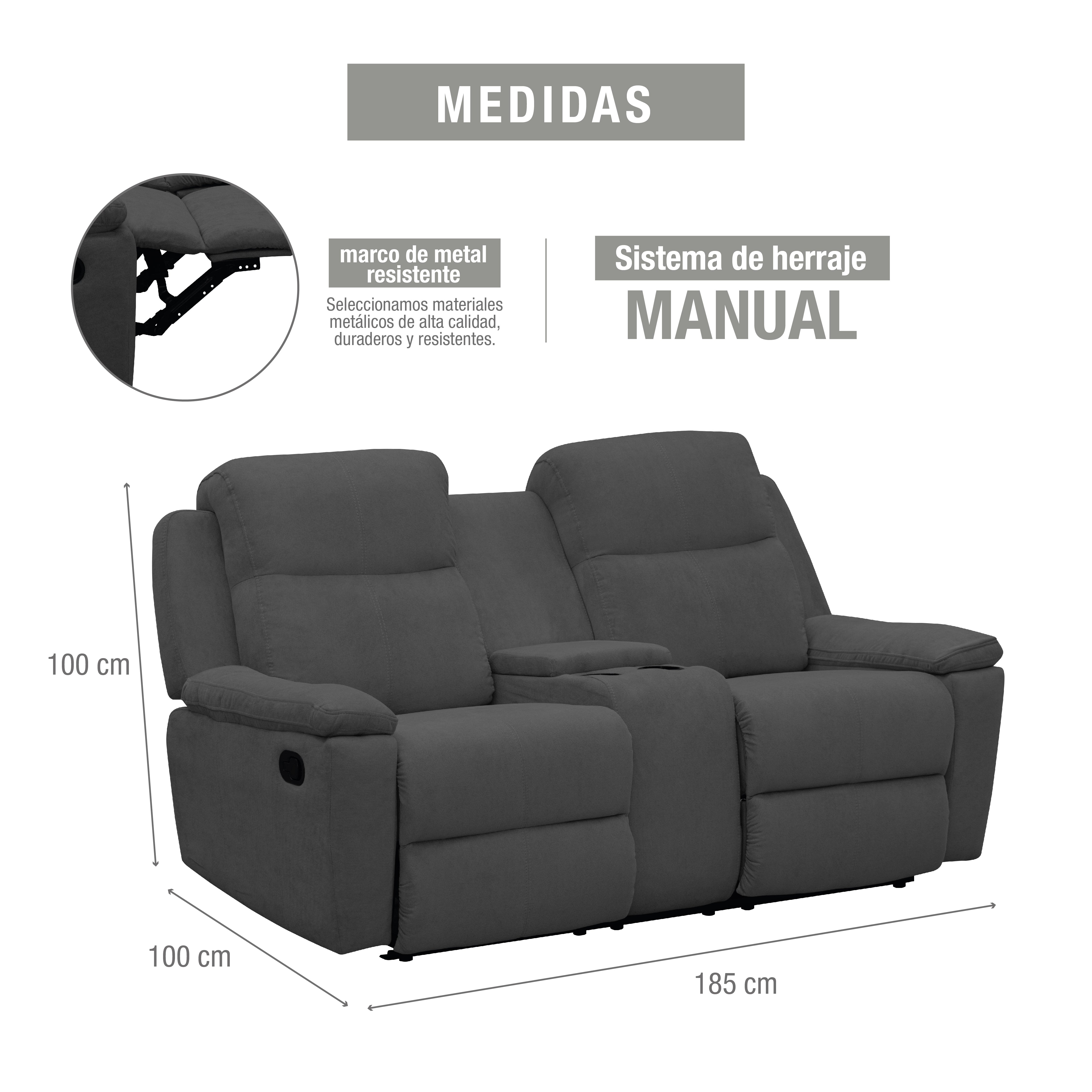 Sofá  Reclinable Con Consola Marsella 2 Puestos  Microfibra Gris