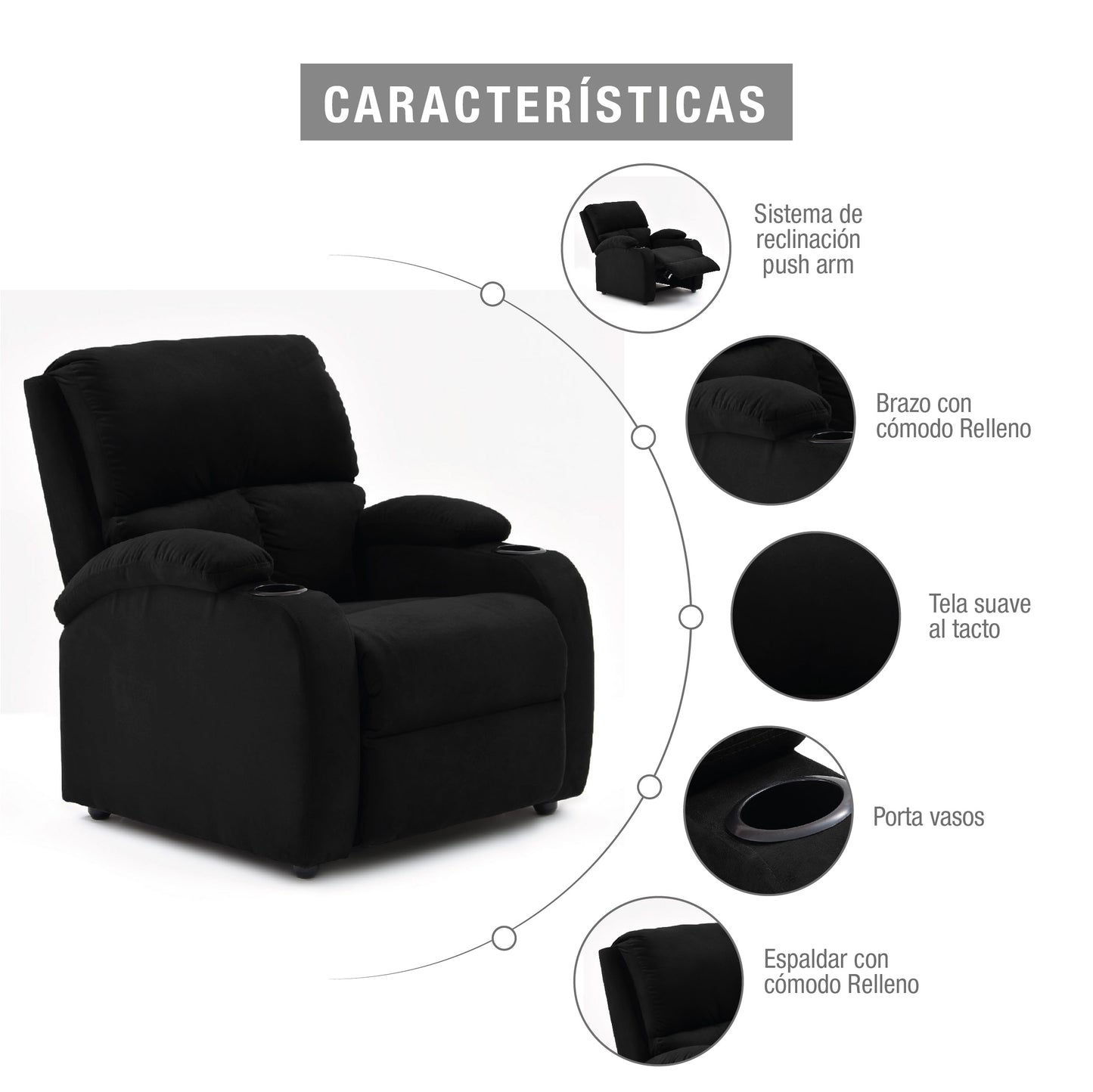 SILLA RECLINABLE AMBER  ESTATICA MICROFIBRA NEGRO
