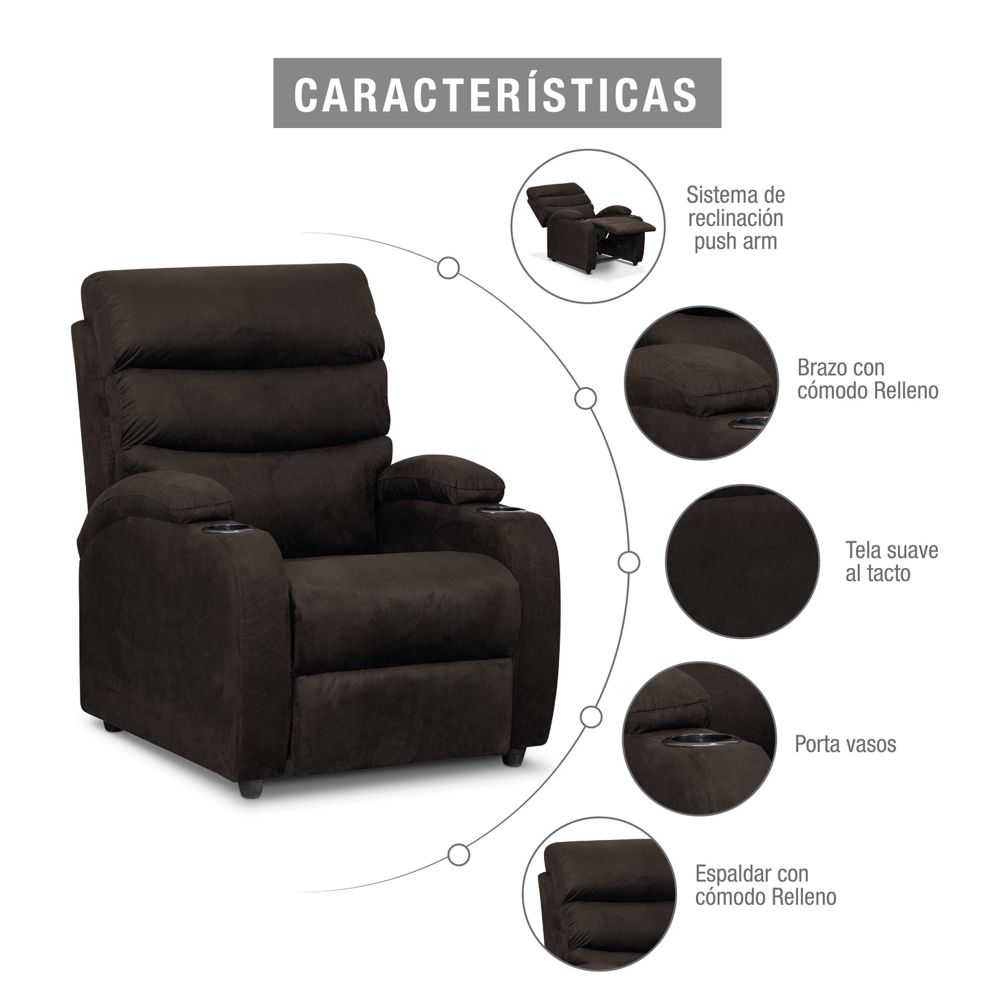 SILLA RECLINABLE TREVI  1 PUESTO  MICROFIBRA  CHOCOLATE