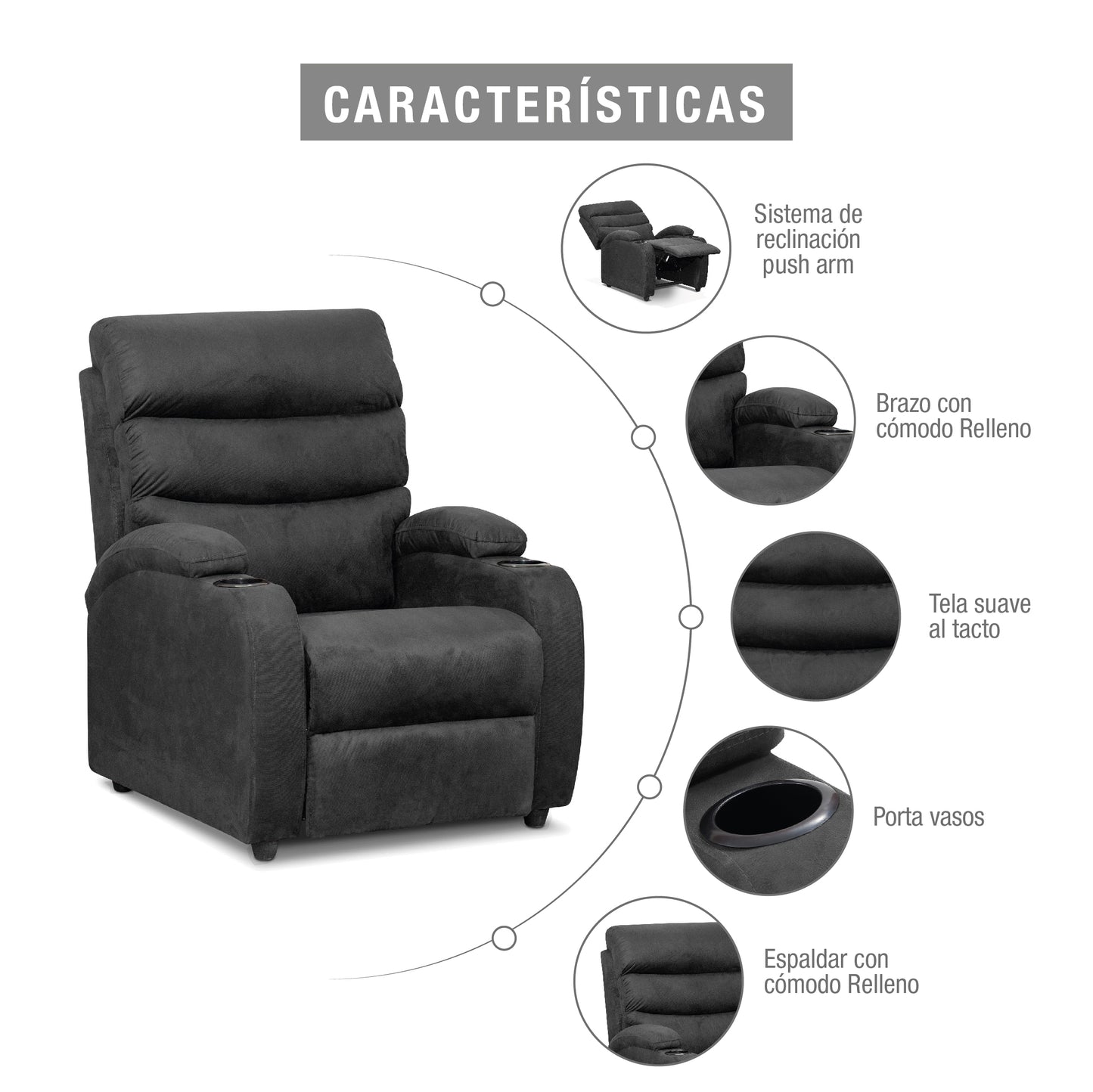 SILLA RECLINABLE TREVI  1 PUESTO  MICROFIBRA GRIS PLOMO