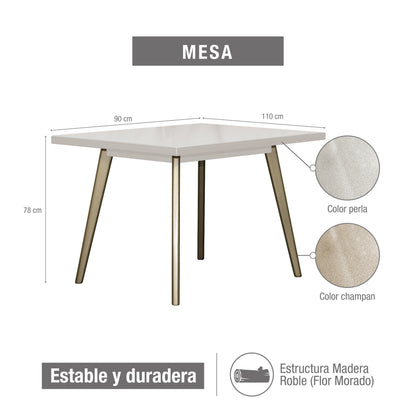 Comedor 4 puestos regina perla-champaña microfibra crudo