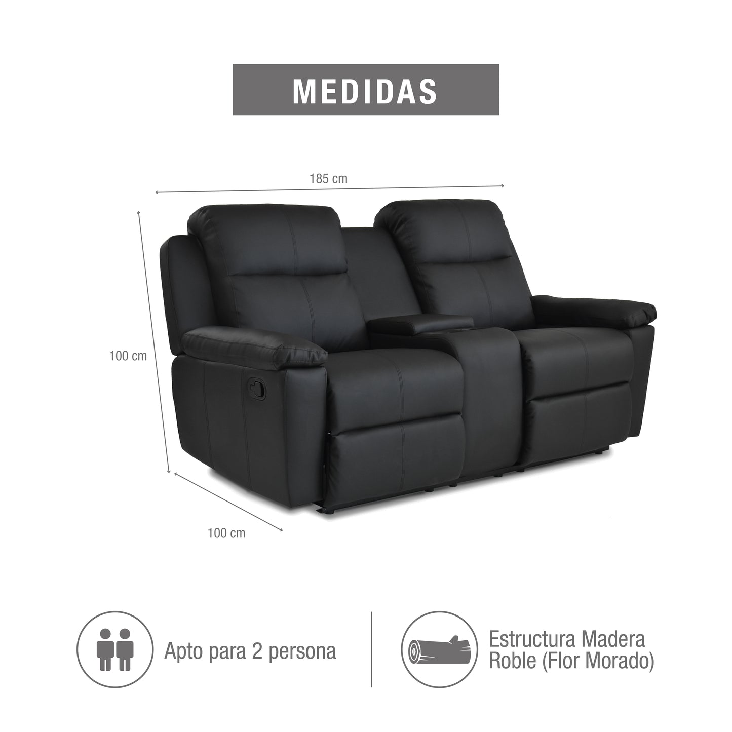 SOFÁ RECLINABLE CON CONSOLA MARSELLA 2 PUESTOS SINTETICO NEGRO