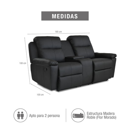 SOFÁ RECLINABLE CON CONSOLA MARSELLA 2 PUESTOS SINTETICO NEGRO