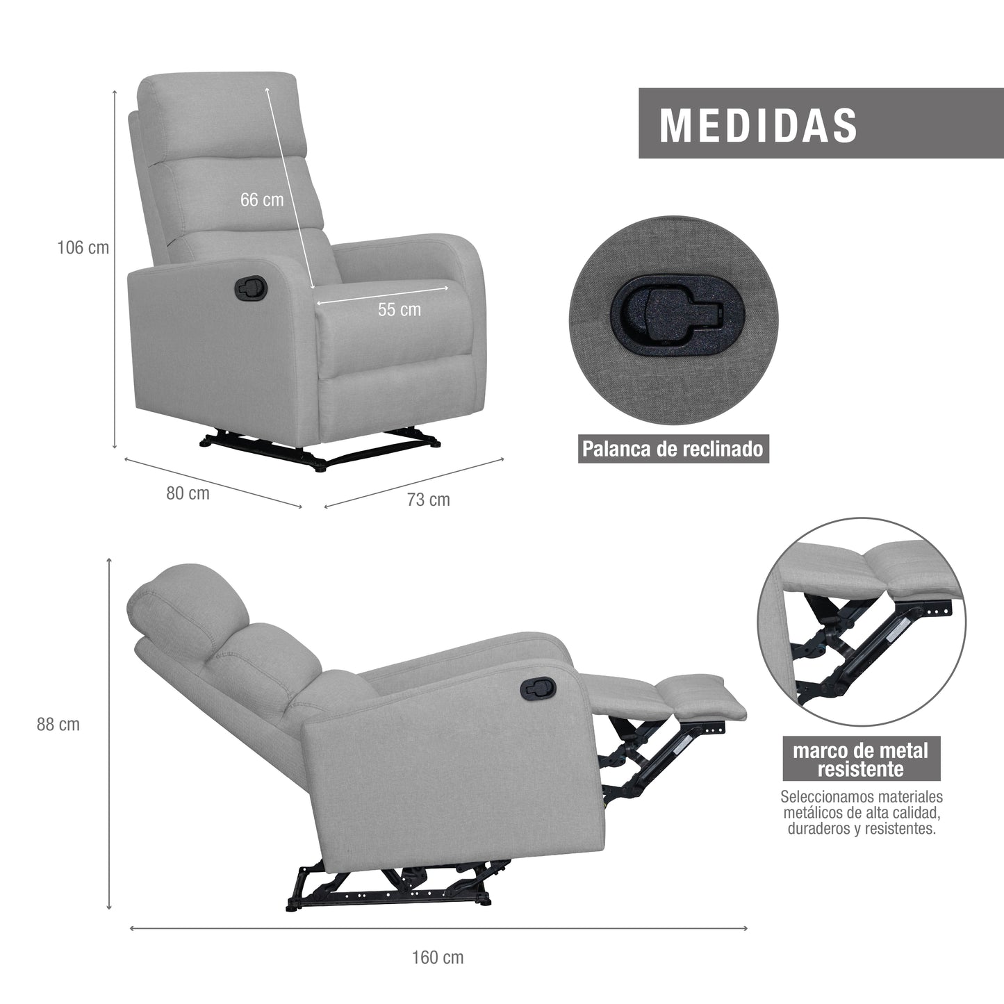 SILLA RECLINABLE ESTÁTICA PEKIN 1 PUESTO  MICROFIBRA  GRIS CLARO
