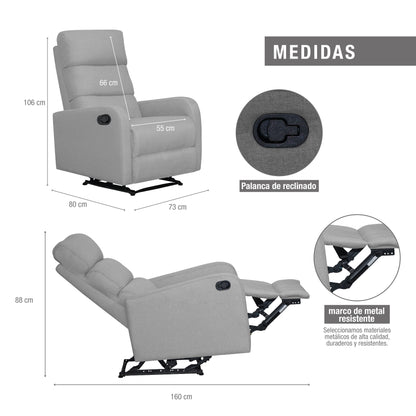 SILLA RECLINABLE ESTÁTICA PEKIN 1 PUESTO  MICROFIBRA  GRIS CLARO