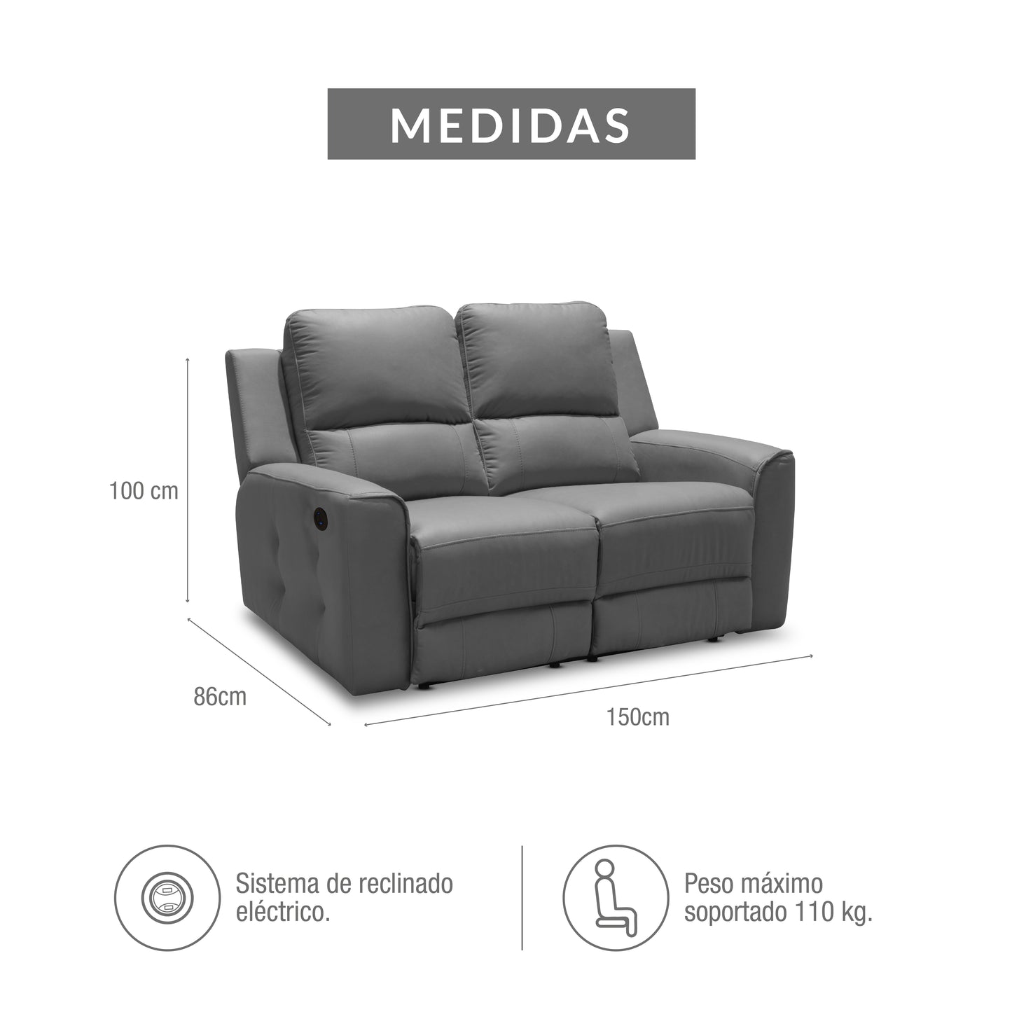 SILLA RECLINABLE 2 PUESTOS ELÉCTRICA DUKE TIPO CUERO  PLATA