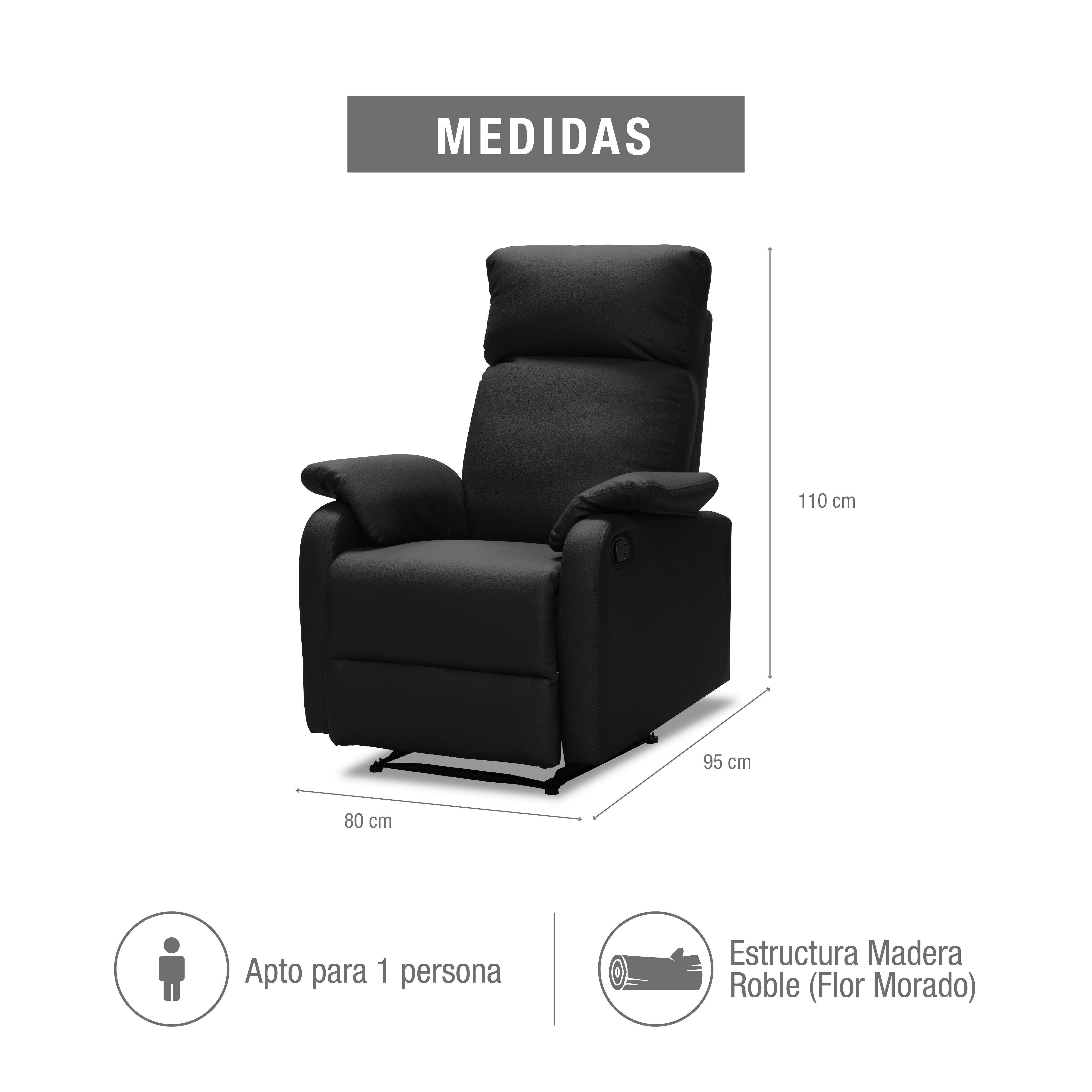 Silla reclinable velvet 1 puesto sintetica negro