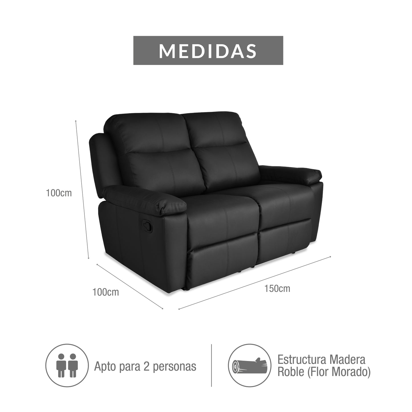 SOFA RECLINABLE  MARSELLA 2 PUESTOS TIPO SINTETICO NEGRO