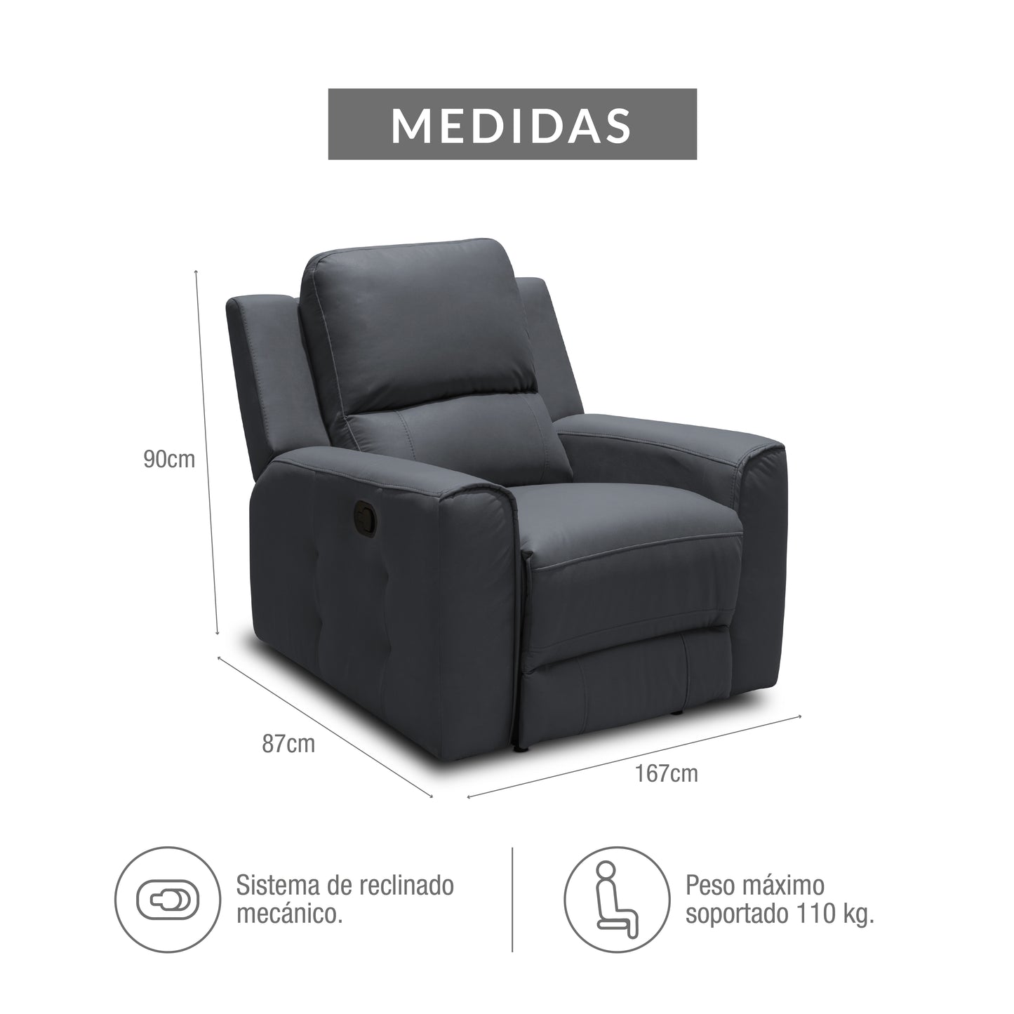 SILLA RECLINABLE MANUAL DUKE 1 PUESTO TIPO CUERO GRAFITO