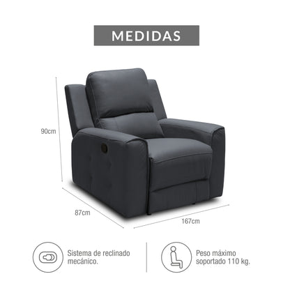 SILLA RECLINABLE MANUAL DUKE 1 PUESTO TIPO CUERO GRAFITO