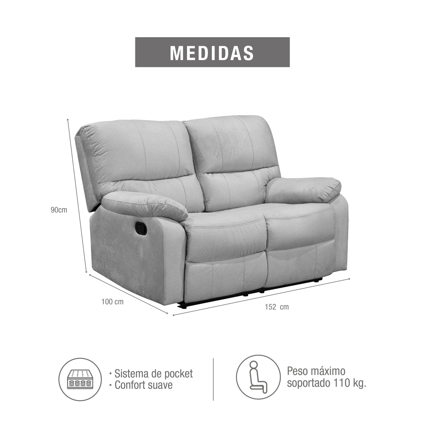 SOFA RECLINABLE GALL 2 PUESTOS ESTATICO MICROFIBRA PLATA