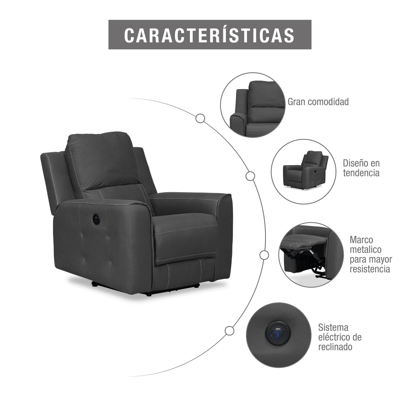 SILLA RECLINABLE ELECTRICA  DUKE 1 PUESTO  GRIS PLOMO