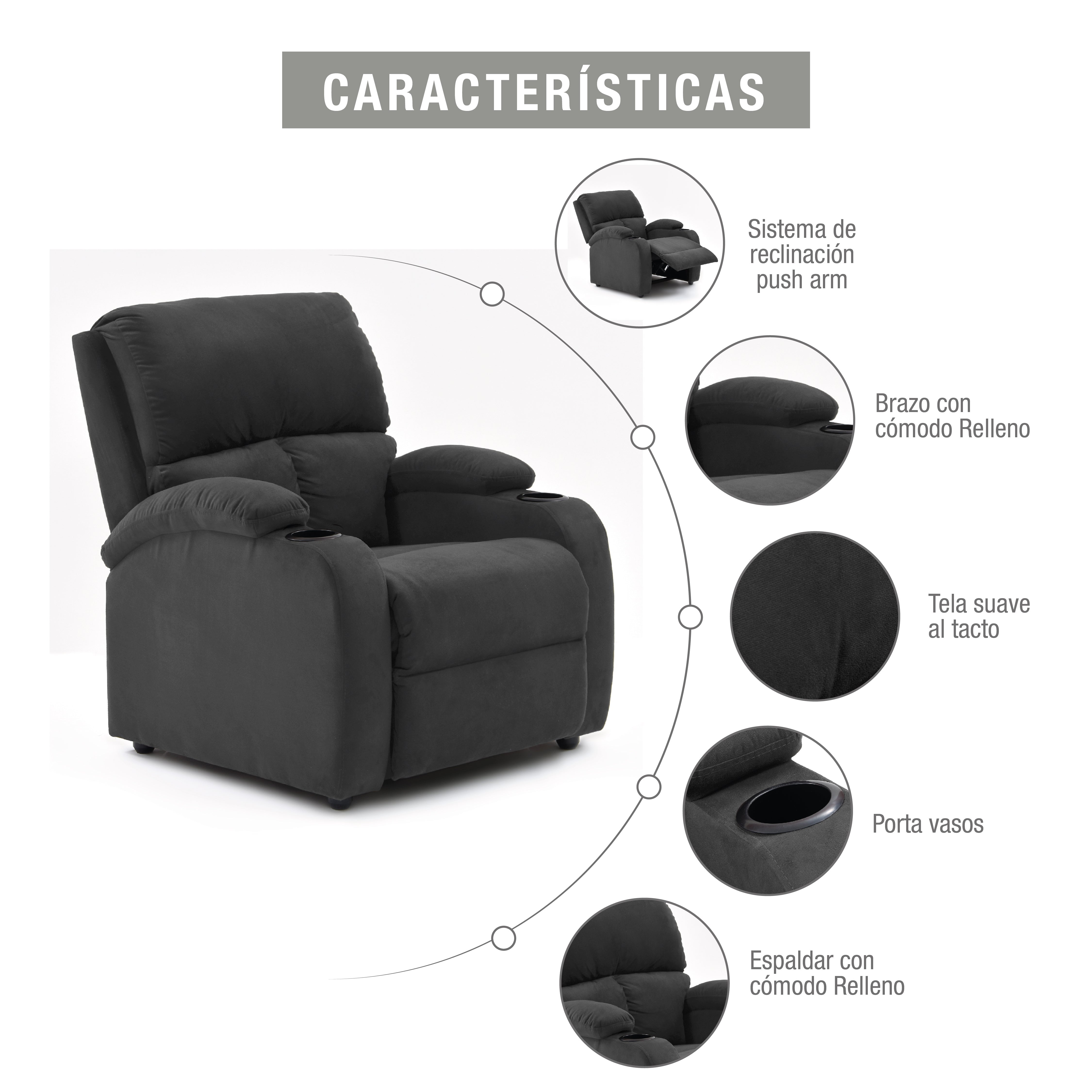 Silla reclinable amber estatica microfibra gris plomo