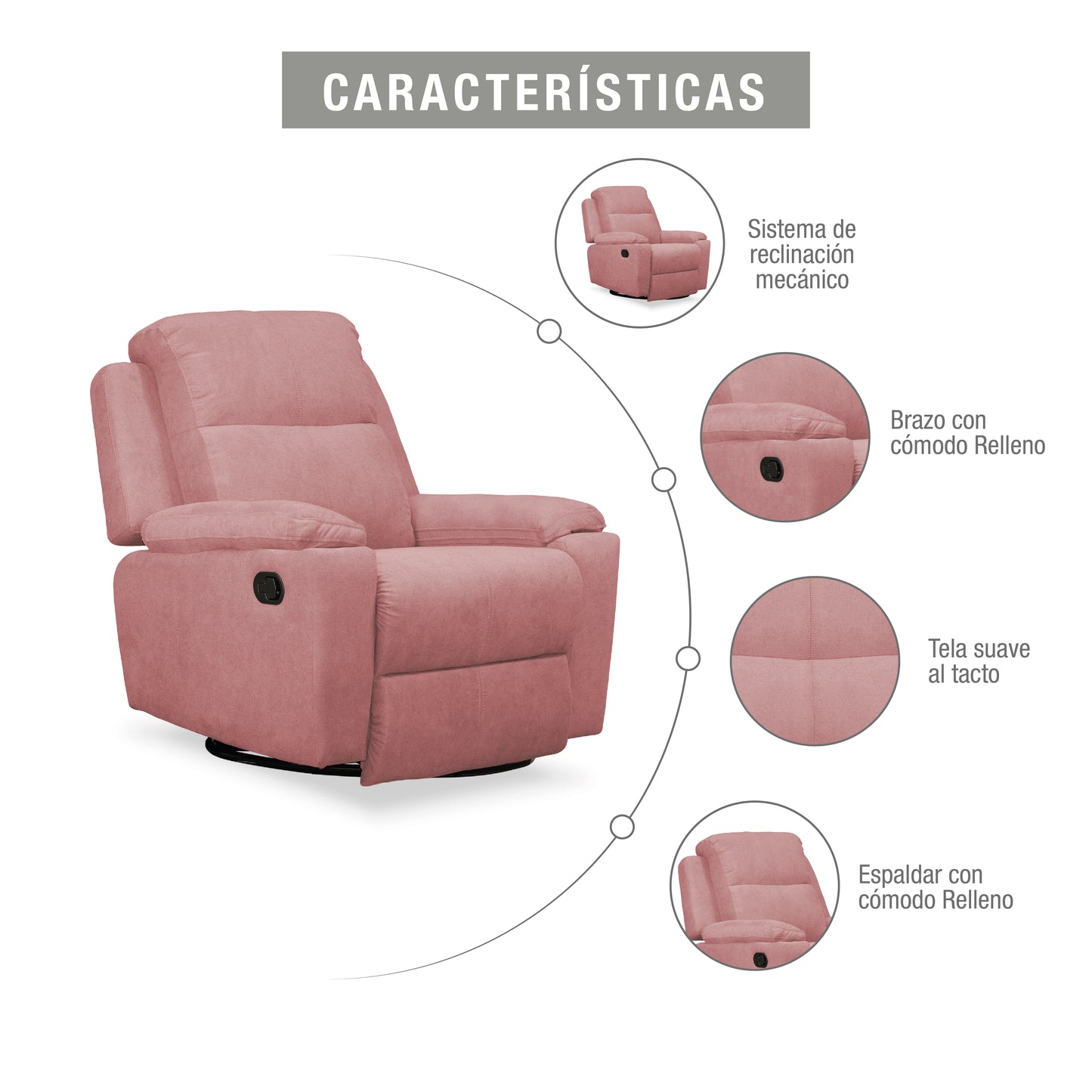 SILLA RECLINABLE MARSELLA 1P GIRATORIA/MECEDORA MICROFIBRA ROSA