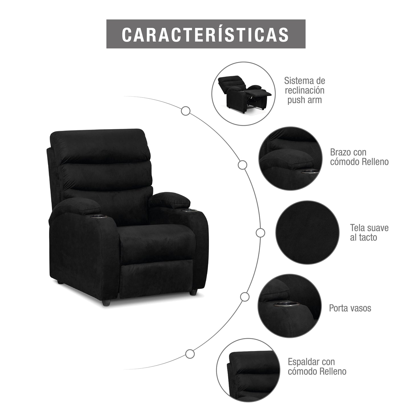 SILLA RECLINABLE TREVI  1 PUESTO  MICROFIBRA NEGRO