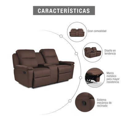 SOFA RECLINABLE CON CONSOLA MARSELLA 2 PUESTOS SINTETICO CHOCOLATE