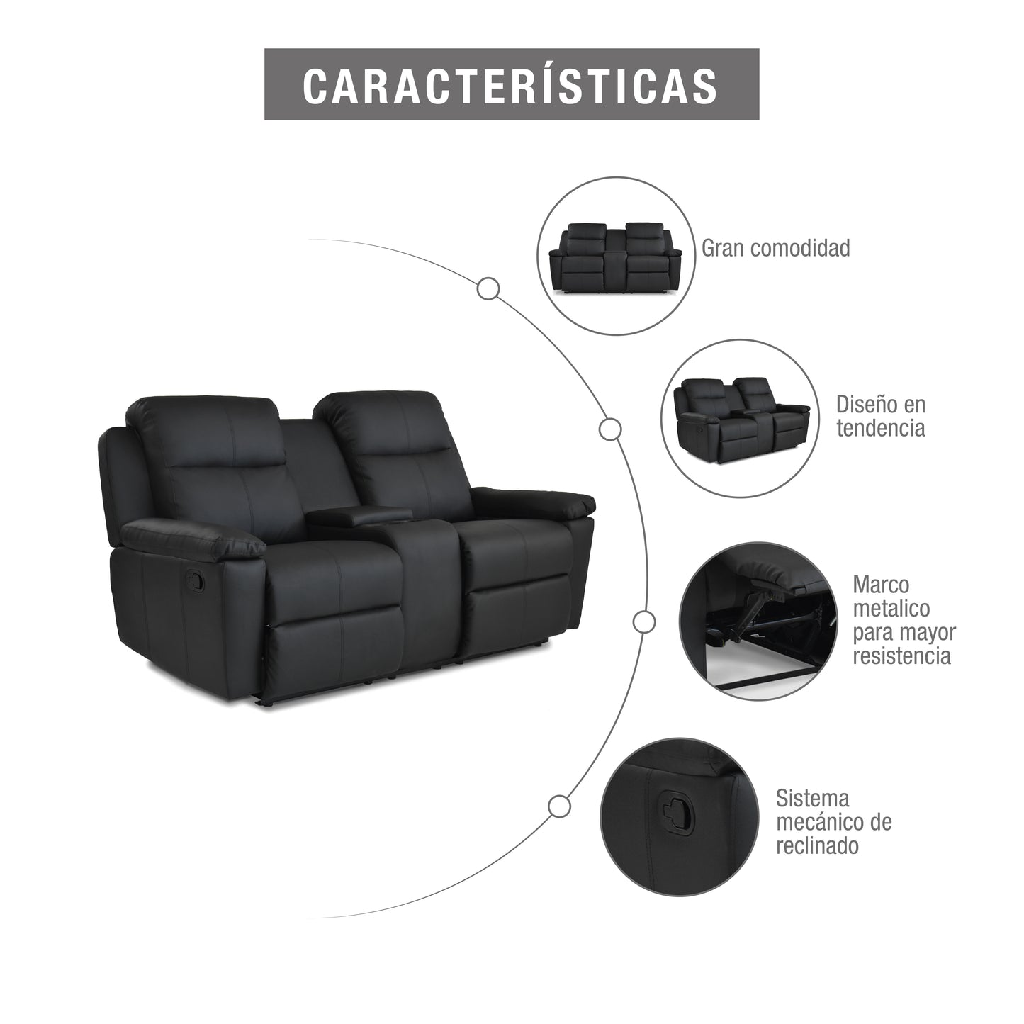 SOFÁ RECLINABLE CON CONSOLA MARSELLA 2 PUESTOS SINTETICO NEGRO