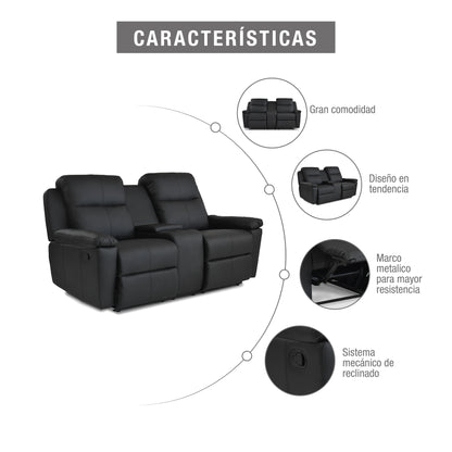 SOFÁ RECLINABLE CON CONSOLA MARSELLA 2 PUESTOS SINTETICO NEGRO