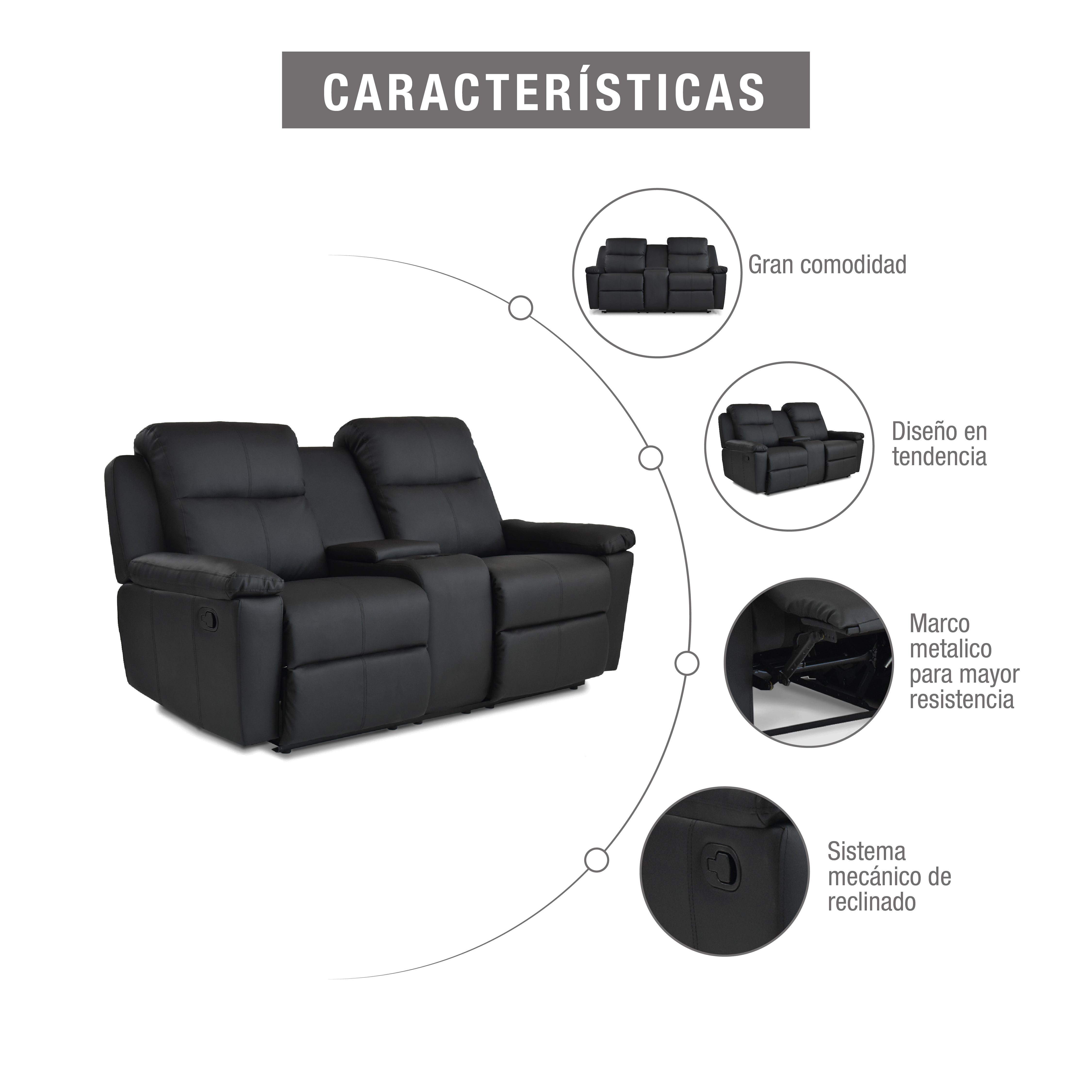Sofá reclinable con consola marsella 2 puestos sintético negro