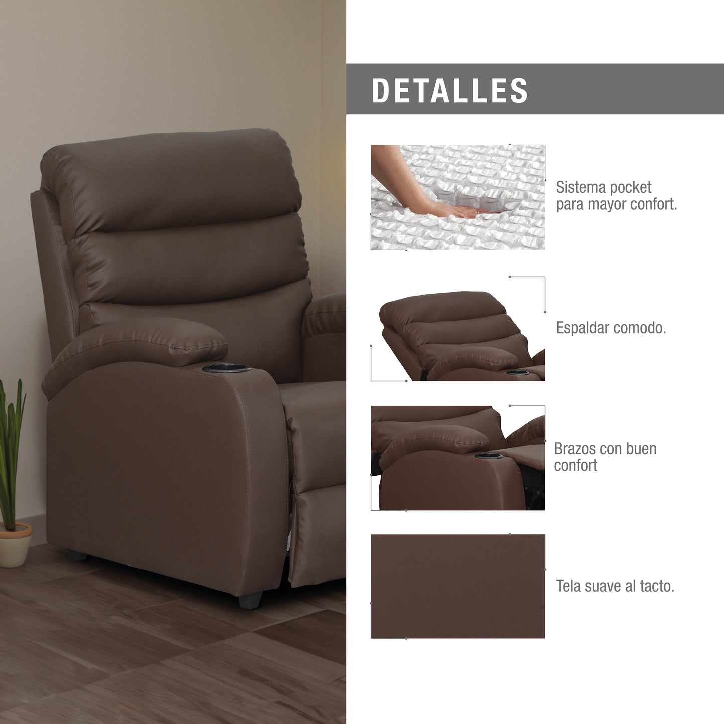 SILLA RECLINABLE TREVI  1 PUESTO  SINTETICO CHOCOLATE