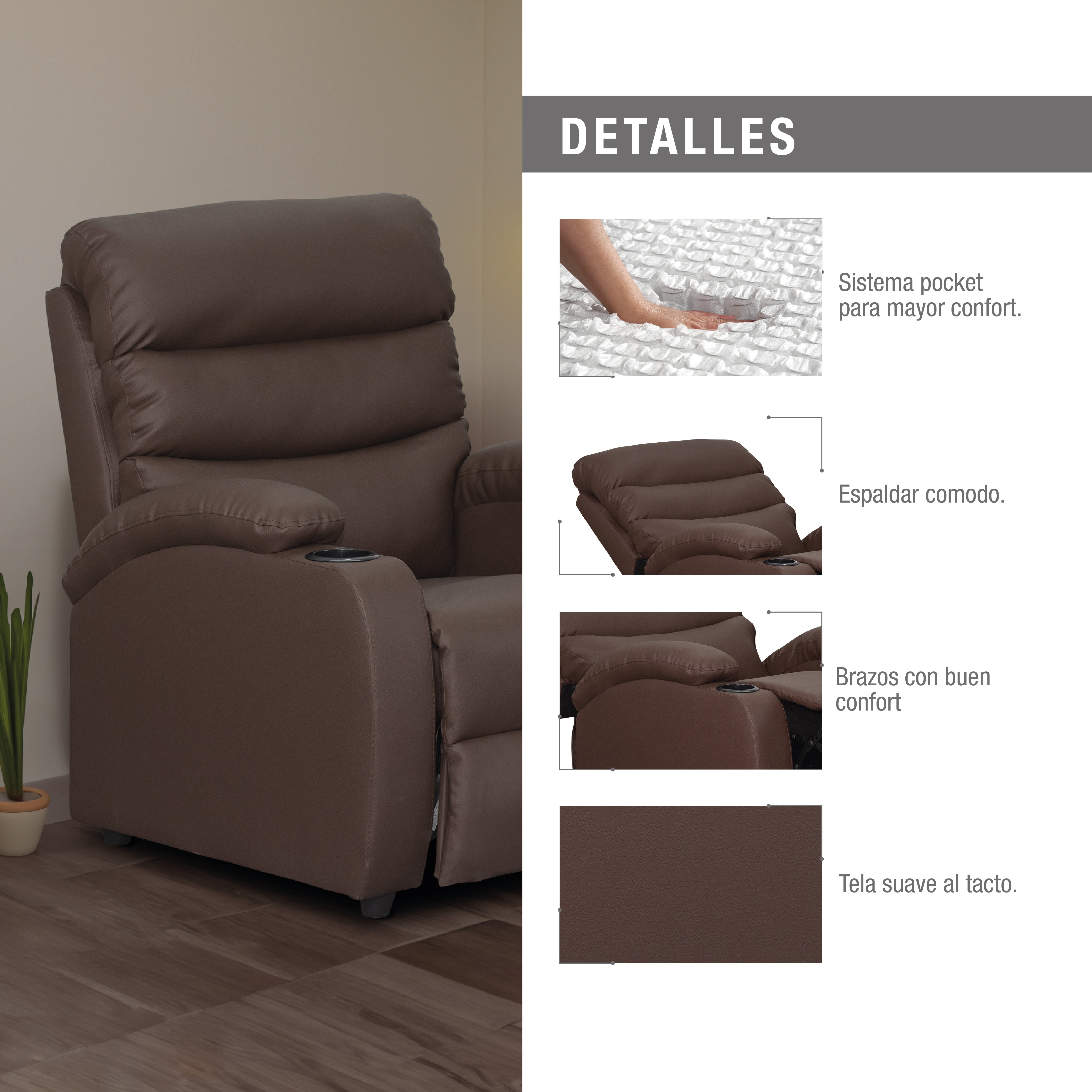 Silla reclinable trevi 1 puesto sintetico chocolate