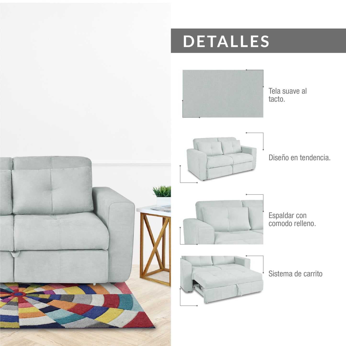 SOFA CAMA BOURBON 1.10  MICROFIBRA GRIS CLARO
